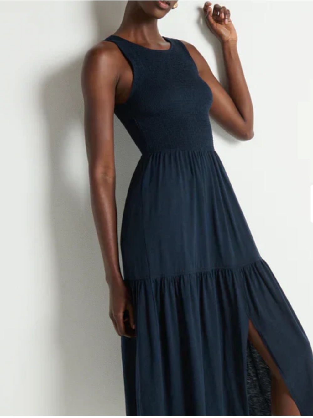 NWT Nation LA 100% Pima Cotton Smocked Clementine Midi Dress Navy Blue